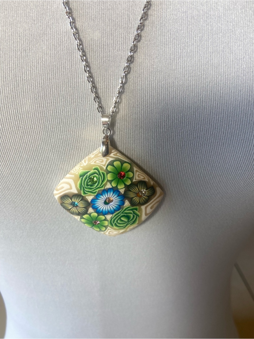 Floral Ceramic Pendant Necklace in Green and Blue